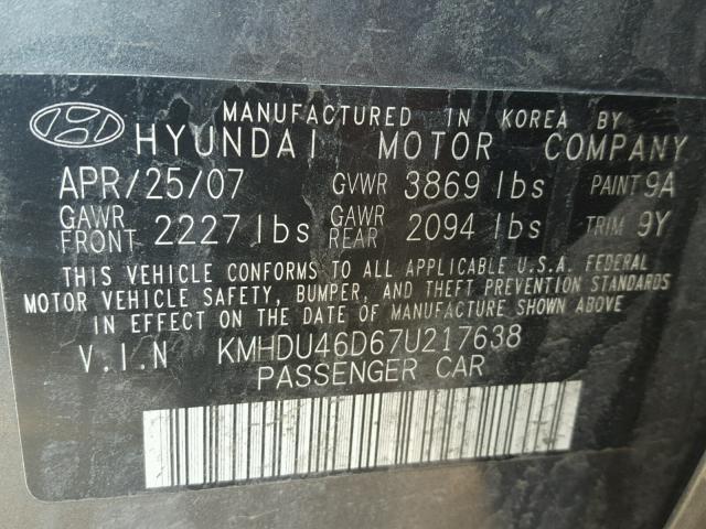 KMHDU46D67U217638 - 2007 HYUNDAI ELANTRA GL GRAY photo 10