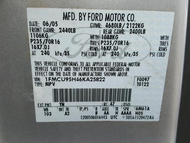 1FMCU95H46KA25822 - 2006 FORD ESCAPE HEV SILVER photo 10