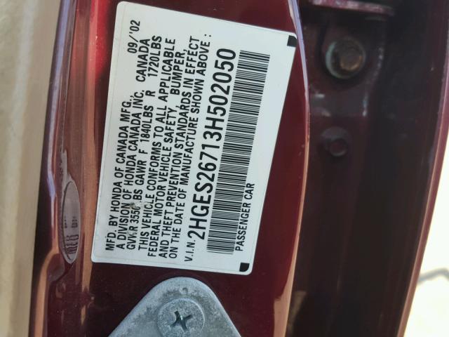 2HGES26713H502050 - 2003 HONDA CIVIC EX RED photo 10