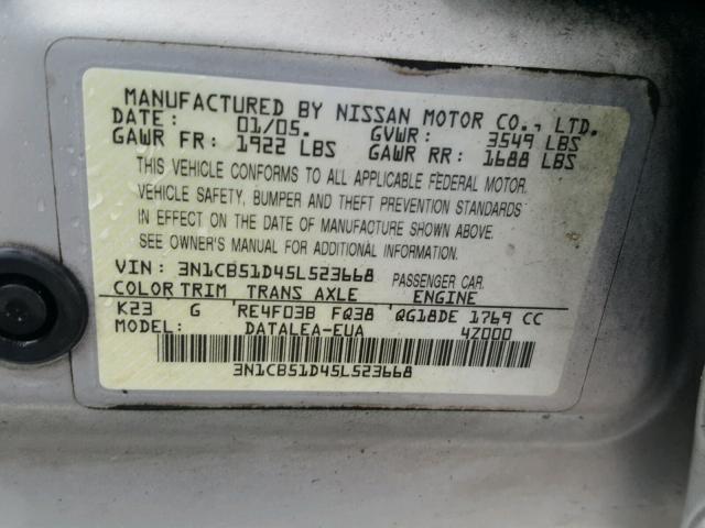 3N1CB51D45L523668 - 2005 NISSAN SENTRA 1.8 SILVER photo 10