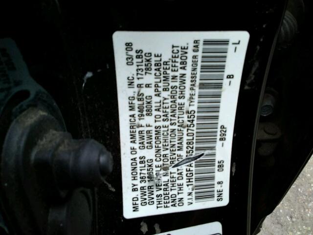 1HGFA16528L075455 - 2008 HONDA CIVIC LX BLACK photo 10