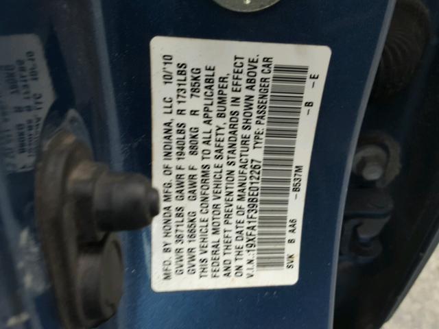 19XFA1F39BE012267 - 2011 HONDA CIVIC VP BLUE photo 10