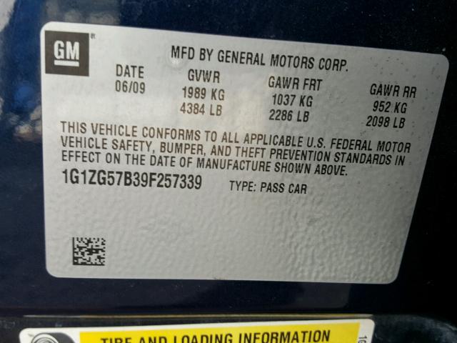 1G1ZG57B39F257339 - 2009 CHEVROLET MALIBU LS 蓝色 照片 10