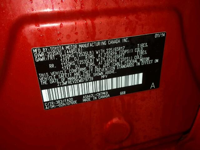 2T3WFREV2EW079739 - 2014 TOYOTA RAV4 XLE RED photo 10