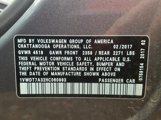 1VWDT7A32HC060993 - 2017 VOLKSWAGEN PASSAT R-L GRAY photo 10