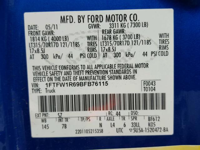 1FTFW1R69BFB76115 - 2011 FORD F150 SVT R BLUE photo 10