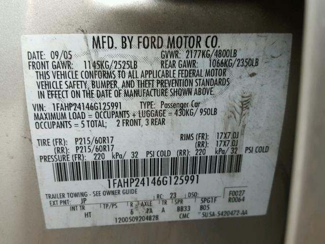 1FAHP24146G125991 - 2006 FORD FIVE HUNDR SILVER photo 10