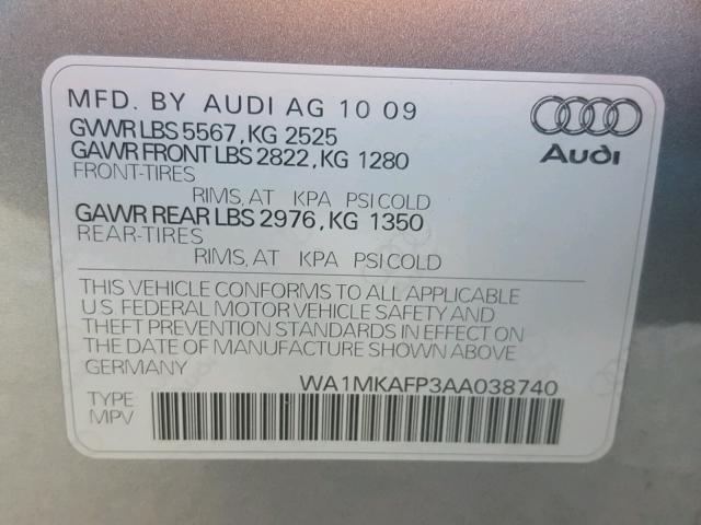 WA1MKAFP3AA038740 - 2010 AUDI Q5 PREMIUM SILVER photo 10