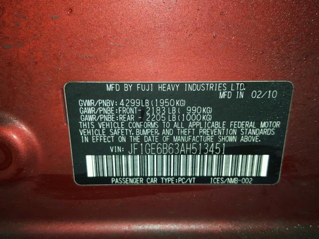 JF1GE6B63AH513451 - 2010 SUBARU IMPREZA 2. RED photo 10