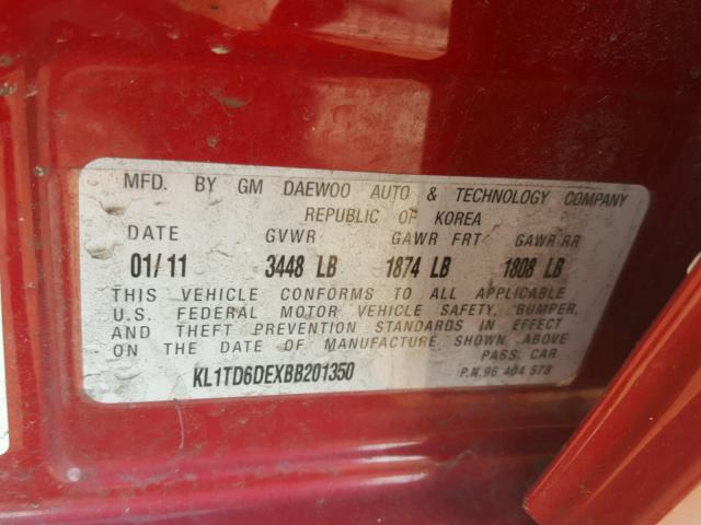 KL1TD6DEXBB201350 - 2011 CHEVROLET AVEO LS RED photo 10