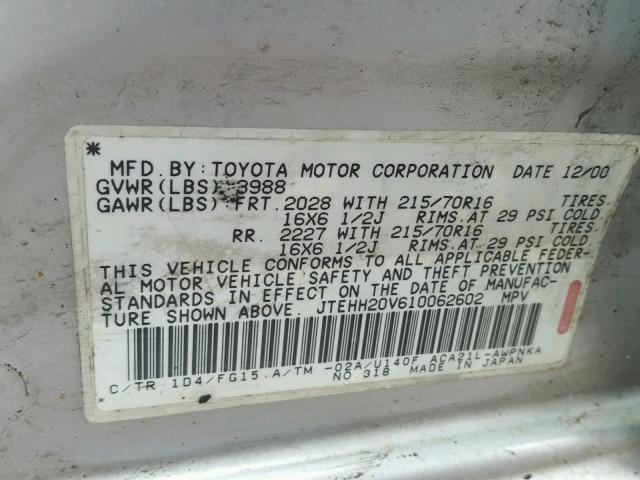 JTEHH20V610062602 - 2001 TOYOTA RAV4 GRAY photo 10