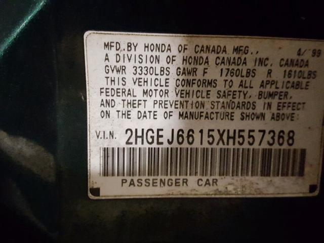 2HGEJ6615XH557368 - 1999 HONDA CIVIC BASE GREEN photo 10