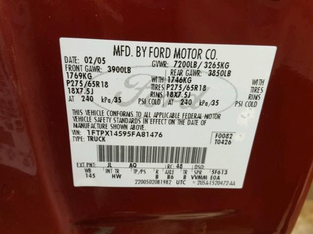 1FTPX14595FA81476 - 2005 FORD F150 RED photo 10