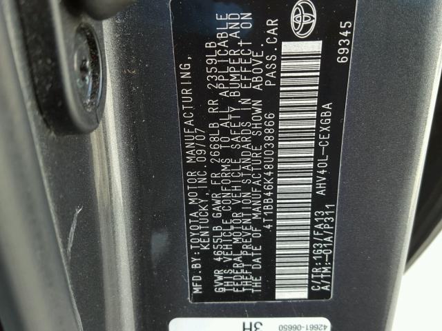 4T1BB46K48U038866 - 2008 TOYOTA CAMRY HYBR GRAY photo 10