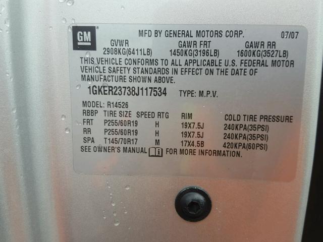 1GKER23738J117534 - 2008 GMC ACADIA SLT SILVER photo 10