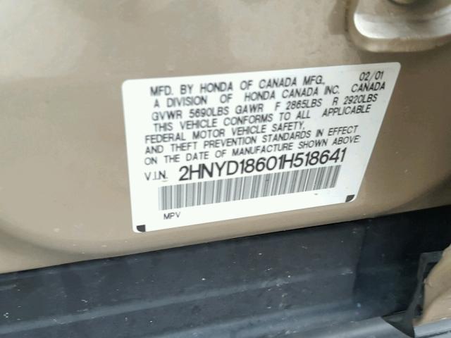 2HNYD18601H518641 - 2001 ACURA MDX TOURIN TAN photo 10