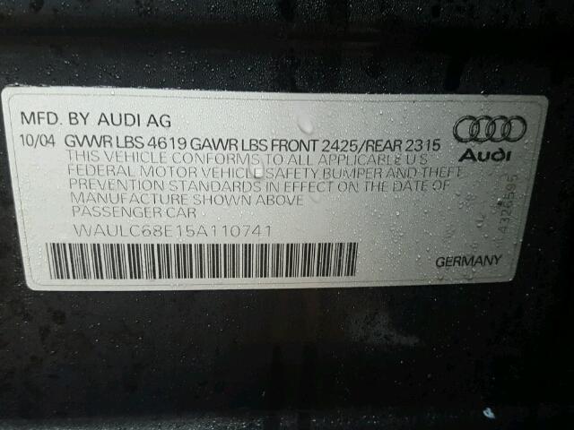 WAULC68E15A110741 - 2005 AUDI A4 1.8T QU BLACK photo 10