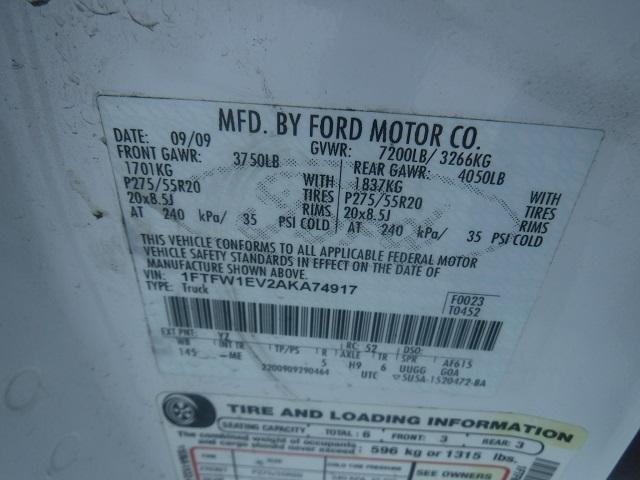 1FTFW1EV2AKA74917 - 2010 FORD F150 SUPER WHITE photo 10