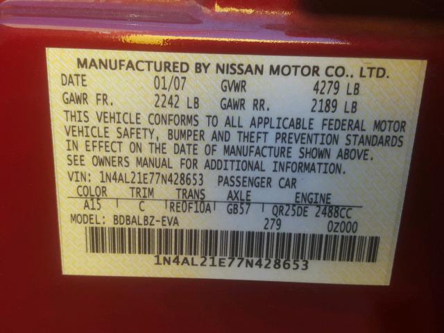 1N4AL21E77N428653 - 2007 NISSAN ALTIMA 2.5 MAROON photo 10