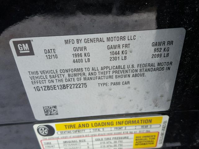 1G1ZB5E13BF272275 - 2011 CHEVROLET MALIBU LS შავი ფოტო 10