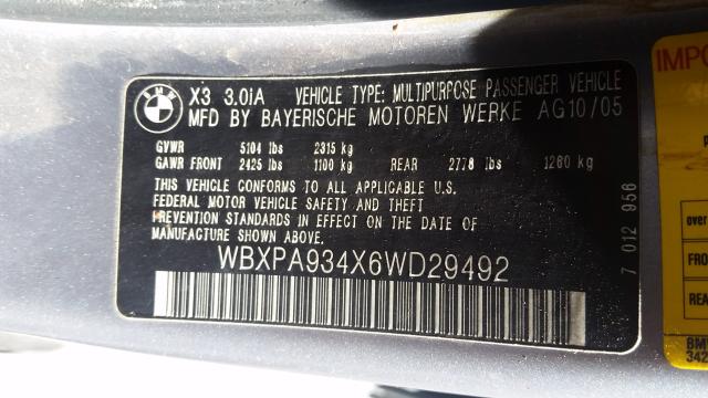 WBXPA934X6WD29492 - 2006 BMW X3 3.0I SILVER photo 10