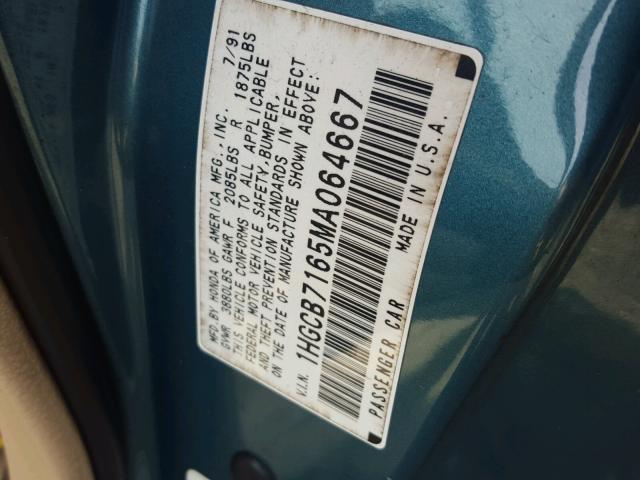 1HGCB7165MA064667 - 1991 HONDA ACCORD EX TEAL photo 10