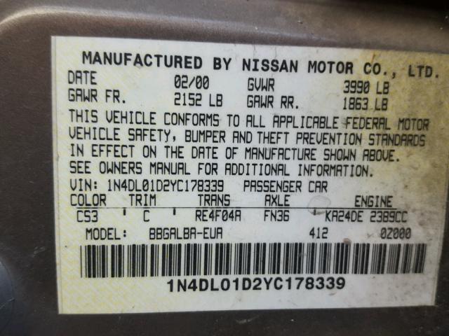 1N4DL01D2YC178339 - 2000 NISSAN ALTIMA XE GOLD photo 10