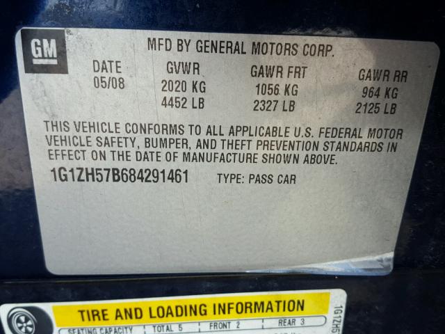 1G1ZH57B684291461 - 2008 CHEVROLET MALIBU 1LT BLUE photo 10