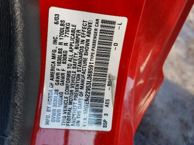 1HGEM22953L068591 - 2003 HONDA CIVIC EX წითელი ფოტო 10