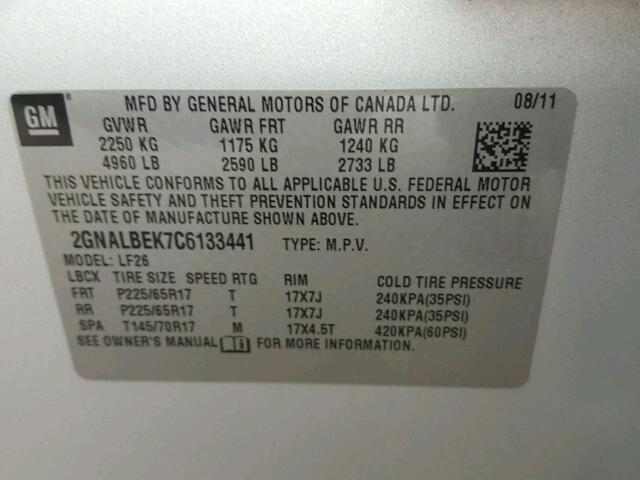 2GNALBEK7C6133441 - 2012 CHEVROLET EQUINOX LS SILVER photo 10