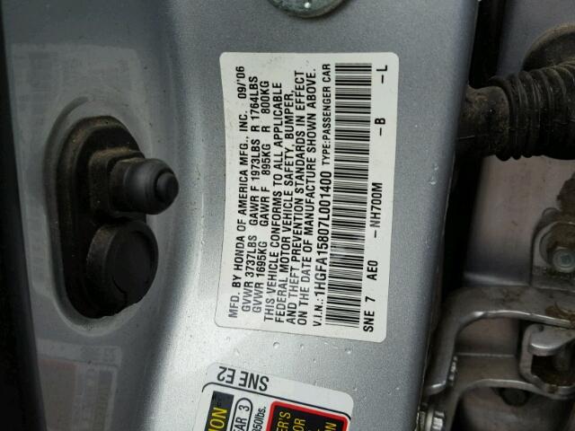1HGFA15807L001400 - 2007 HONDA CIVIC EX ვერცხლისფერი ფოტო 10