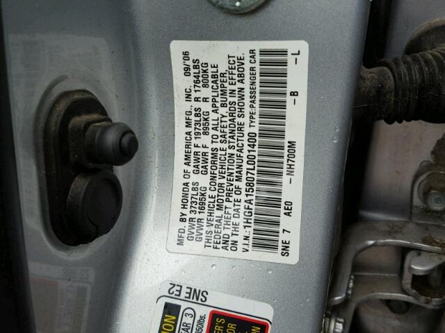 1HGFA15807L001400 - 2007 HONDA CIVIC EX SILVER photo 10