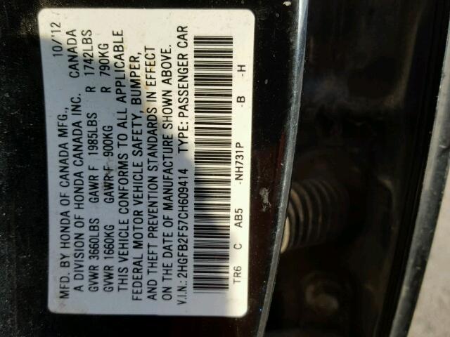 2HGFB2F57CH609414 - 2012 HONDA CIVIC LX BLACK photo 10