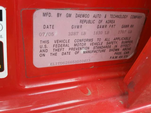 KL1TD62665B503413 - 2005 CHEVROLET AVEO BASE RED photo 10