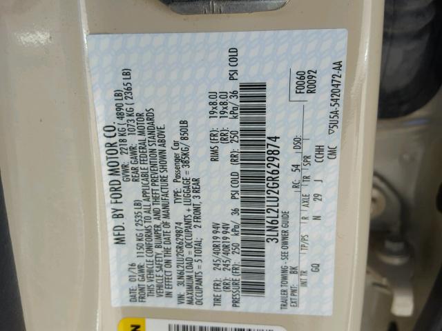 3LN6L2LU2GR629874 - 2016 LINCOLN MKZ HYBRID BEIGE photo 10