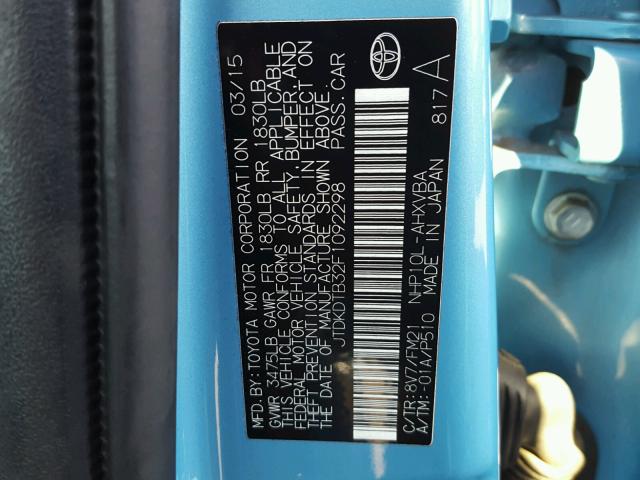 JTDKDTB32F1092298 - 2015 TOYOTA PRIUS C BLUE photo 10