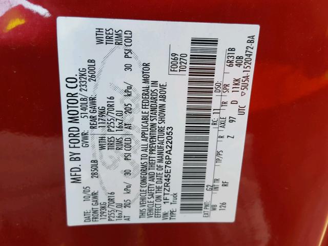 1FTZR45E76PA22053 - 2006 FORD RANGER SUP RED photo 10