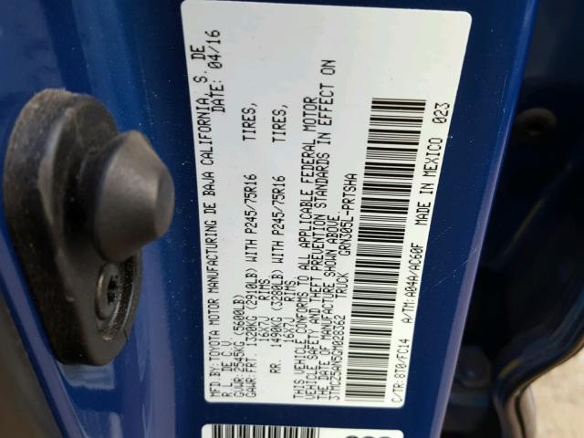 3TMCZ5AN5GM028362 - 2016 TOYOTA TACOMA DOU BLUE photo 10