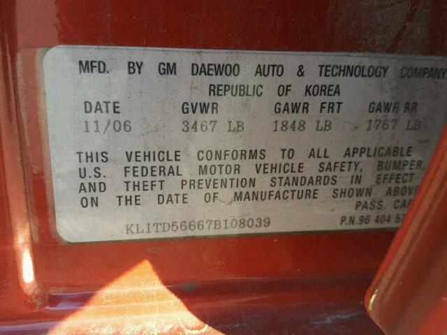 KL1TD56667B108039 - 2007 CHEVROLET AVEO BASE Kırmızı fotoğraf 10