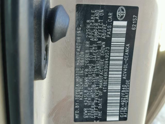 4T1BE46K09U849573 - 2009 TOYOTA CAMRY BASE TAN photo 10