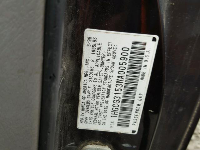 1HGCG3153WA005900 - 1998 HONDA ACCORD EX BLACK photo 10