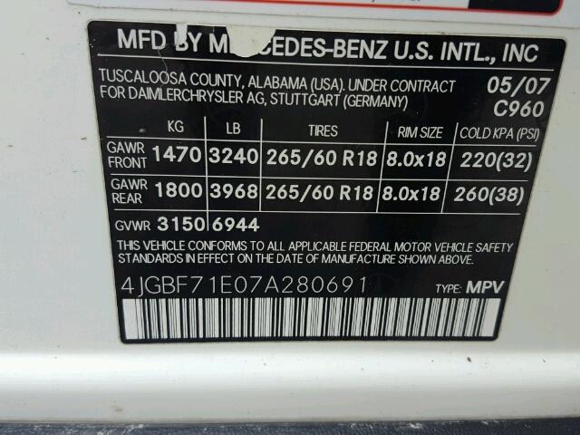 4JGBF71E07A280691 - 2007 MERCEDES-BENZ GL 450 4MA WHITE photo 10