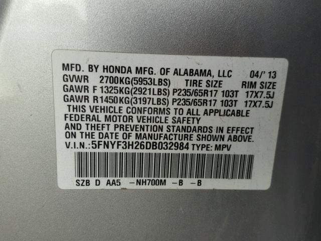 5FNYF3H26DB032984 - 2013 HONDA PILOT LX SILVER photo 10