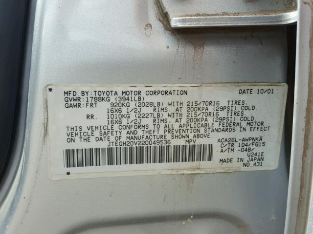 JTEGH20V220049536 - 2002 TOYOTA RAV4 SILVER photo 10