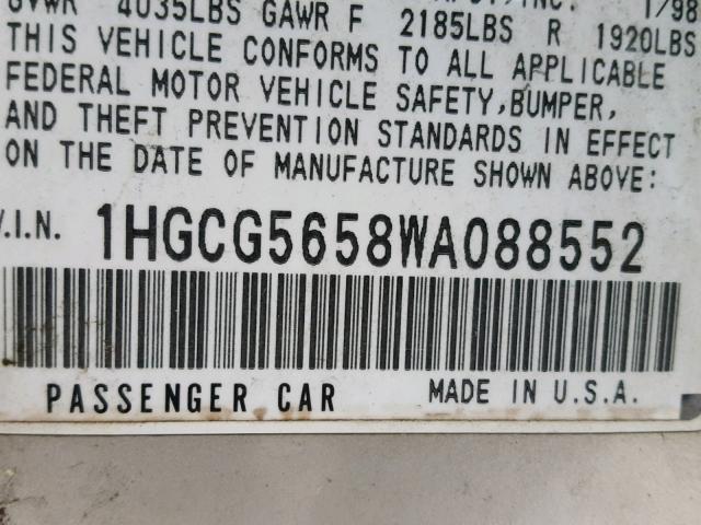 1HGCG5658WA088552 - 1998 HONDA ACCORD EX BEIGE photo 10