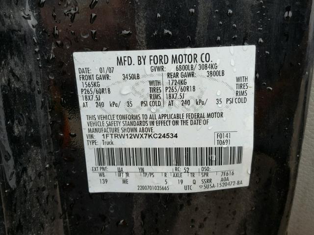 1FTRW12WX7KC24534 - 2007 FORD F150 SUPER BLACK photo 10