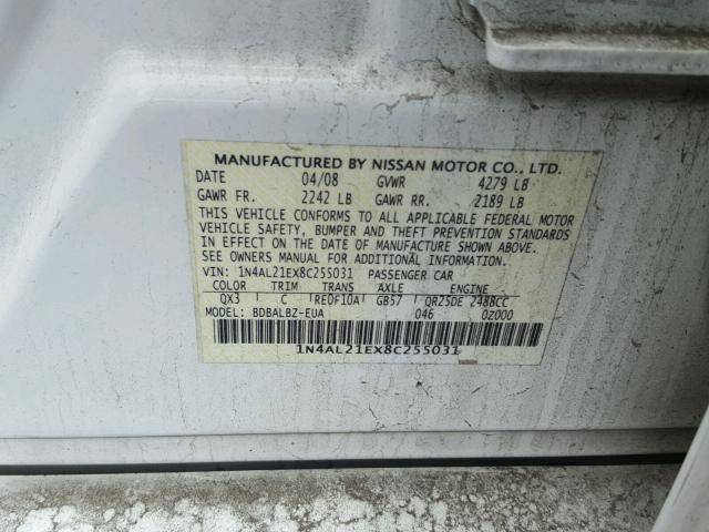 1N4AL21EX8C255031 - 2008 NISSAN ALTIMA 2.5 WHITE photo 10