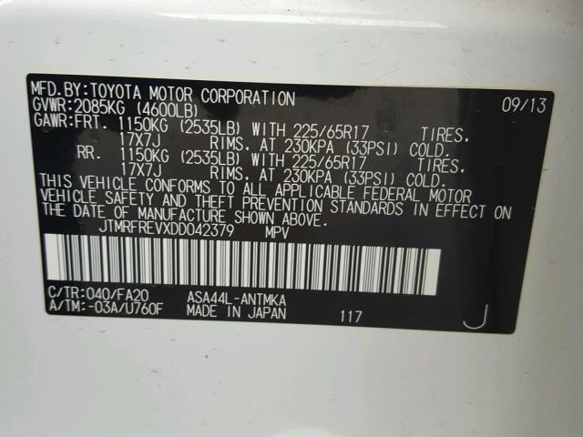 JTMRFREVXDD042379 - 2013 TOYOTA RAV4 XLE WHITE photo 10