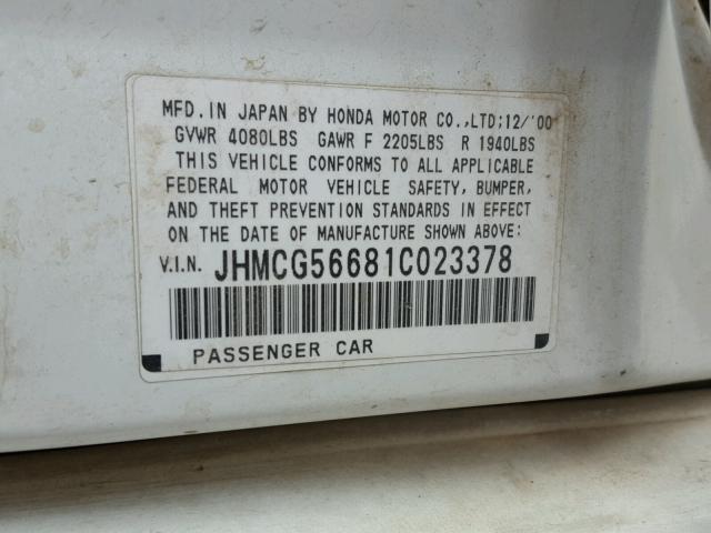 JHMCG56681C023378 - 2001 HONDA ACCORD EX WHITE photo 10