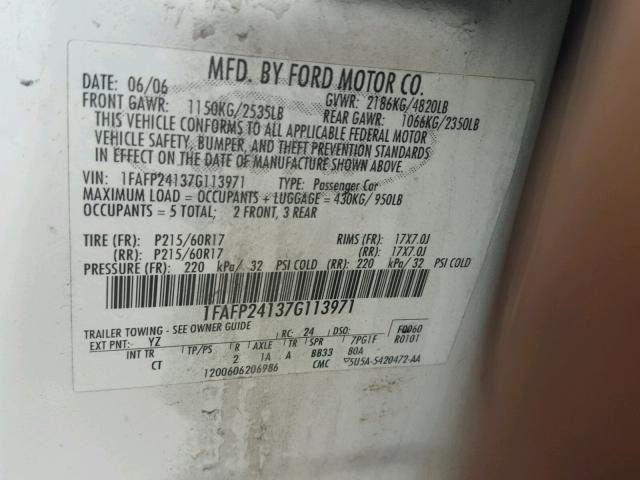 1FAFP24137G113971 - 2007 FORD FIVE HUNDR WHITE photo 10